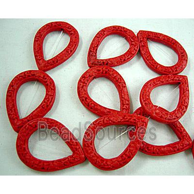 Cinnabar (imitation) beads, Red, Flat Teardrop, Carved  Flower