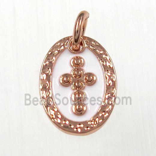 copper oval cross pendants, enamel, rose plated