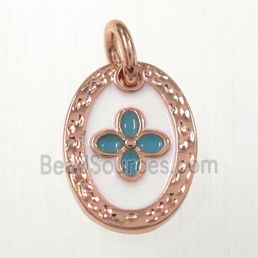 copper oval clover pendants, enamel, rose gold