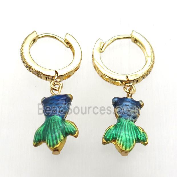 copper hoop earring paved zircon painted goldfish, gold plated