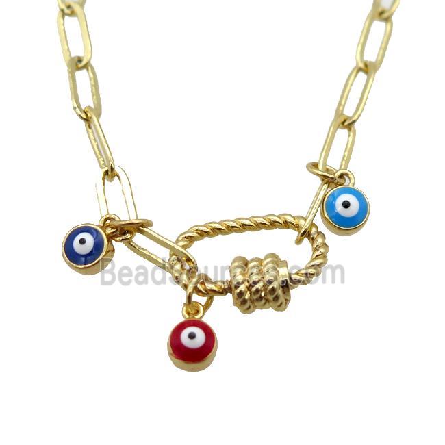 copper necklace with carabiner lock, evil eye, gold plated