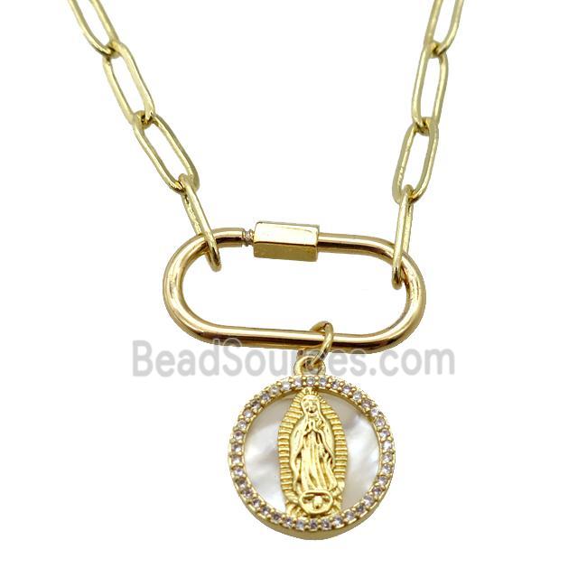 copper necklace with carabiner lock, Jesus, gold plated