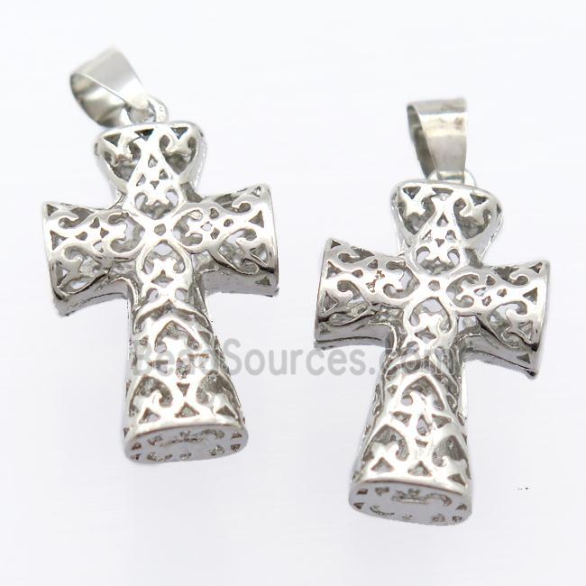 copper cross pendant, hollow, platinum plated, unfade