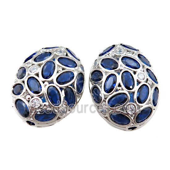 copper oval beads pave blue zircon, hollow, platinum plated