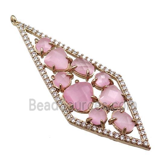 copper polygon pendant paved zircon with pink crystal glass, hollow, gold plated