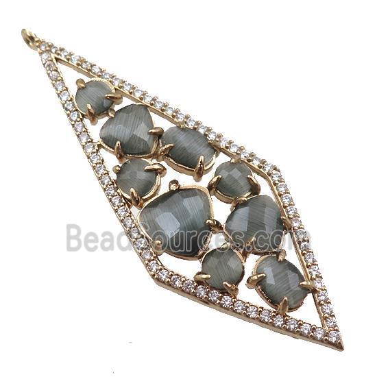 copper polygon pendant paved zircon with gray crystal glass, hollow, gold plated