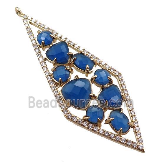 copper polygon pendant paved zircon with royalblue crystal glass, hollow, gold plated