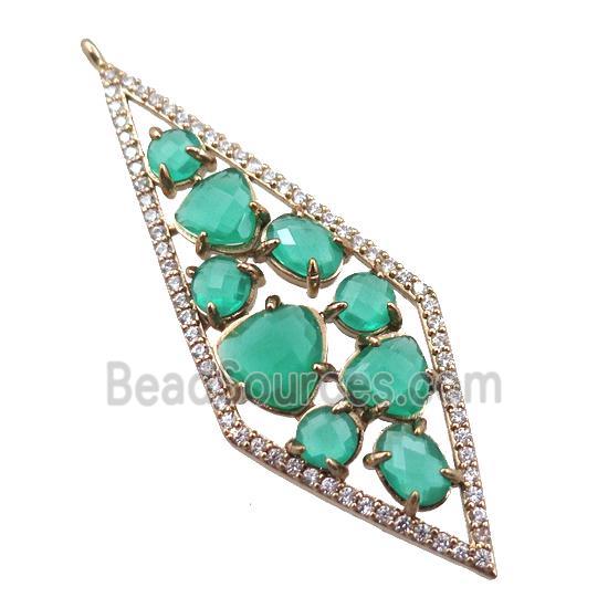 copper polygon pendant paved zircon with green crystal glass, hollow, gold plated