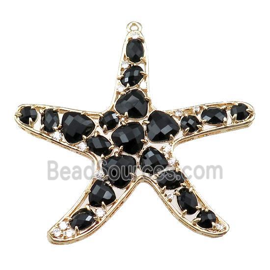 copper starfish pendant paved zircon with black crystal glass, hollow, gold plated