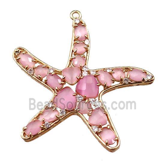 copper starfish pendant paved zircon with pink crystal glass, hollow, gold plated