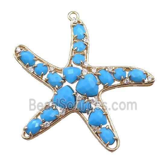copper starfish pendant paved zircon with blue crystal glass, hollow, gold plated