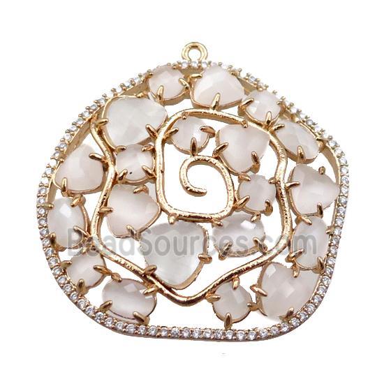 copper flower pendant paved zircon with white crystal glass, hollow, gold plated