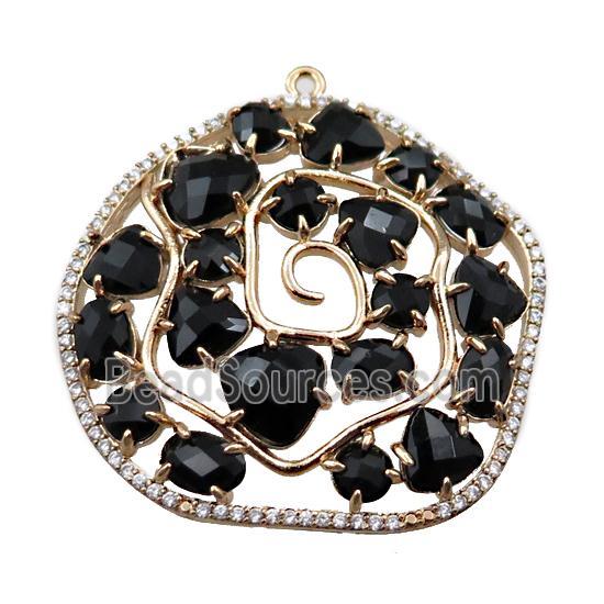 copper flower pendant paved zircon with black crystal glass, hollow, gold plated