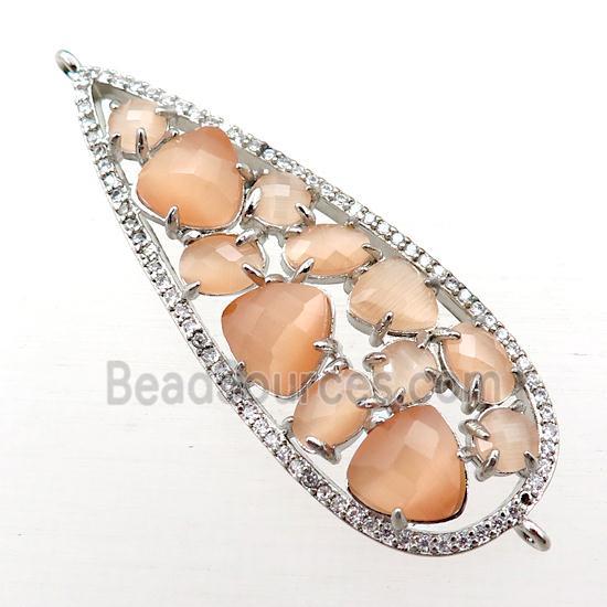 copper teardrop connector paved zircon with peach crystal glass, hollow, platinum plated