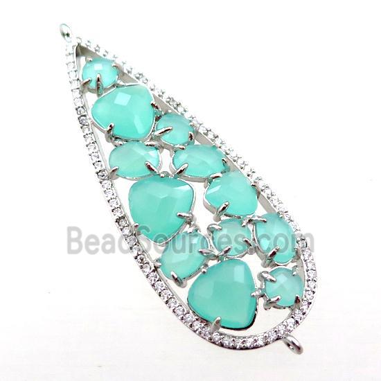 copper teardrop connector paved zircon with green crystal glass, hollow, platinum plated