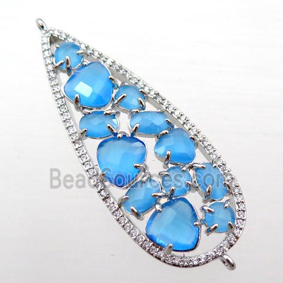 copper teardrop connector paved zircon with blue crystal glass, hollow, platinum plated