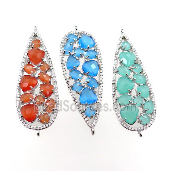 copper teardrop connector paved zircon with crystal glass, hollow, mixed, platinum plated