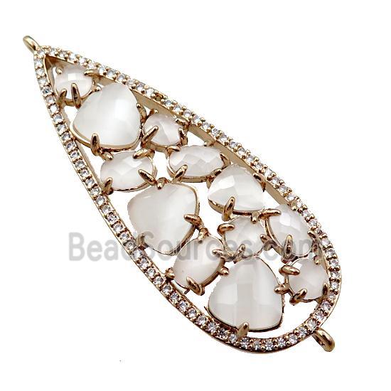 copper teardrop connector paved zircon with white crystal glass, hollow, gold plated