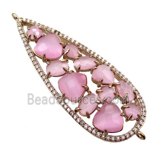 copper teardrop connector paved zircon with pink crystal glass, hollow, gold plated