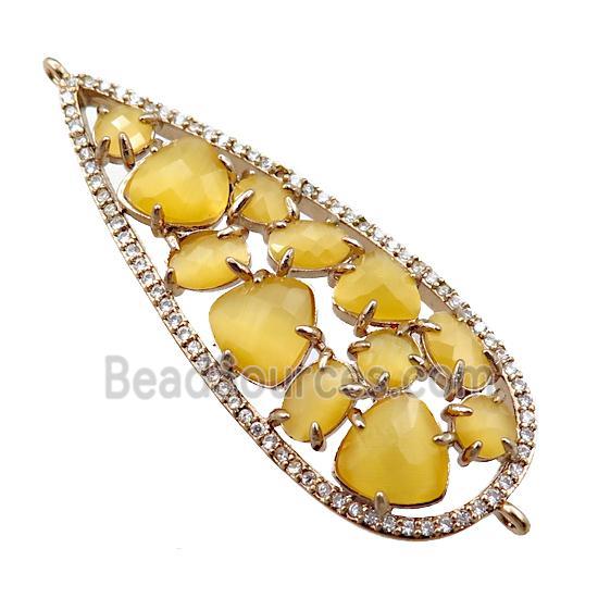 copper teardrop connector paved zircon with yellow crystal glass, hollow, gold plated