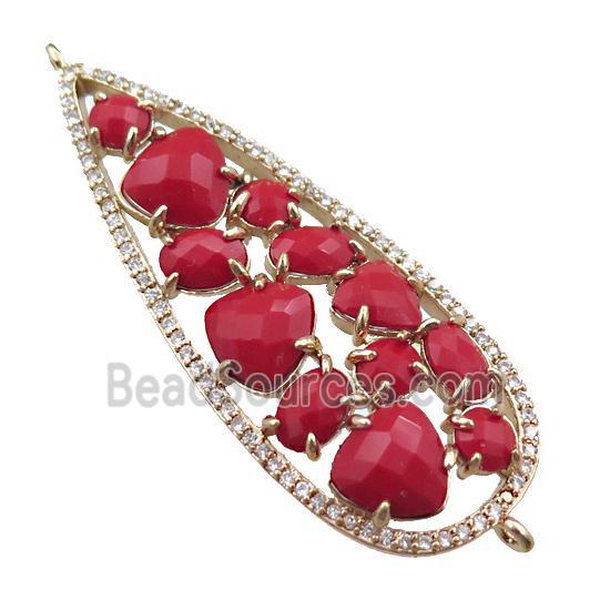 copper teardrop connector paved zircon with red crystal glass, hollow, gold plated