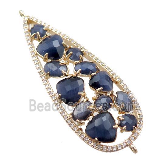 copper teardrop connector paved zircon with blue crystal glass, hollow, gold plated