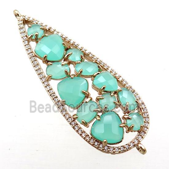 copper teardrop connector paved zircon with green crystal glass, hollow, gold plated