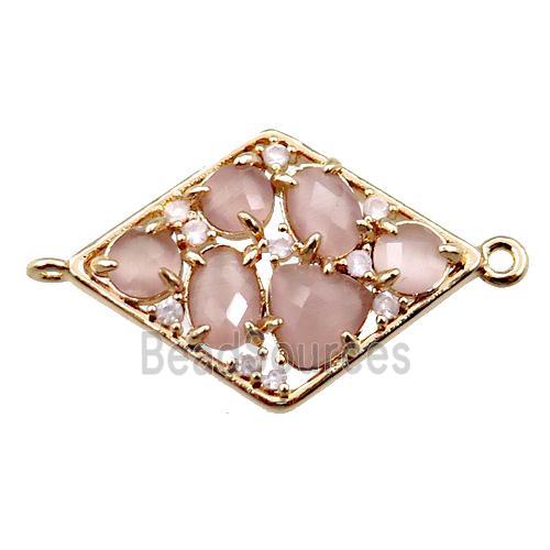 copper polygon connector paved zircon with pink crystal glass, hollow, gold plated