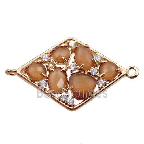 copper polygon connector paved zircon with brown crystal glass, hollow, gold plated