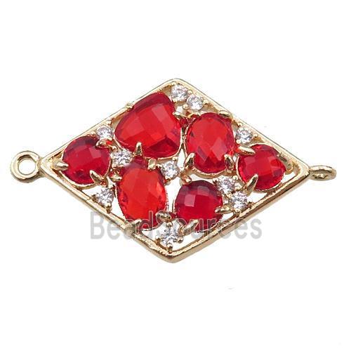 copper polygon connector paved zircon with red crystal glass, hollow, gold plated