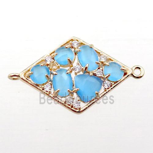 copper polygon connector paved zircon with blue crystal glass, hollow, gold plated