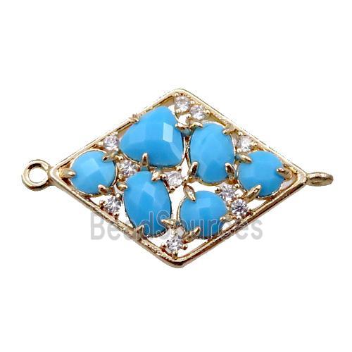 copper polygon connector paved zircon with blue crystal glass, hollow, gold plated