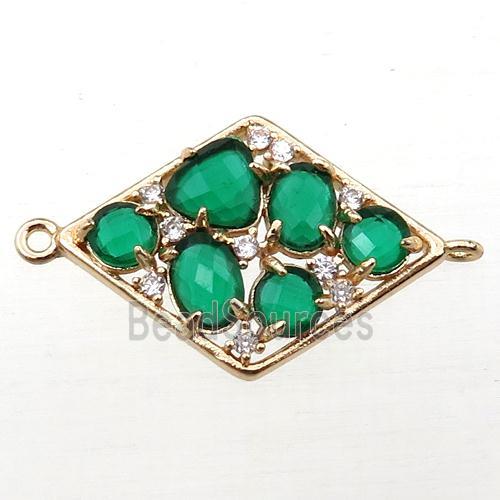 copper polygon connector paved zircon with green crystal glass, hollow, gold plated