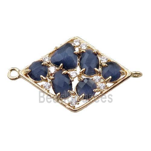 copper polygon connector paved zircon with inkblue crystal glass, hollow, gold plated