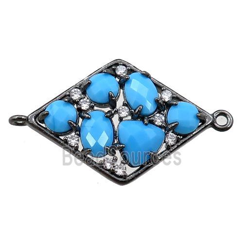 copper polygon connector paved zircon with blue crystal glass, hollow, black plated