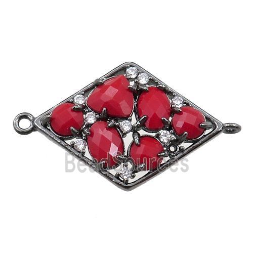 copper polygon connector paved zircon with red crystal glass, hollow, black plated