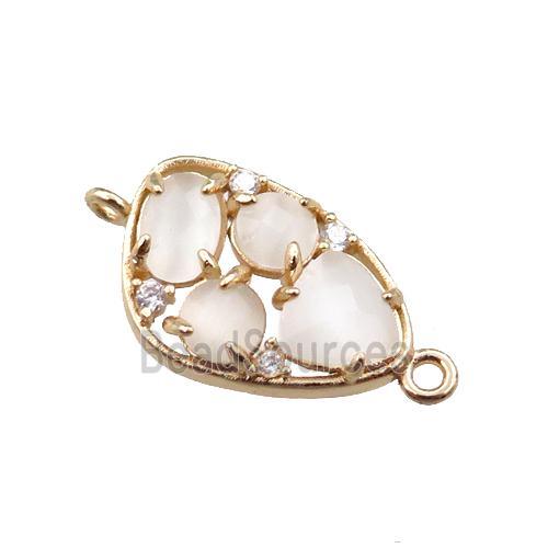 copper teardrop connector paved zircon with white crystal glass, hollow, gold plated