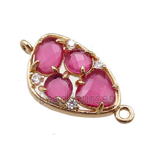 copper teardrop connector paved zircon with pink crystal glass, hollow, gold plated