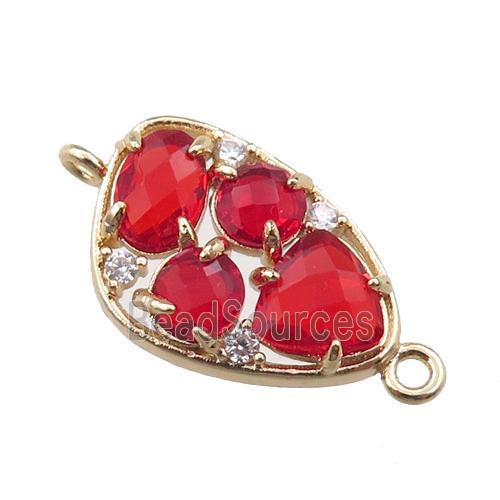 copper teardrop connector paved zircon with red crystal glass, hollow, gold plated