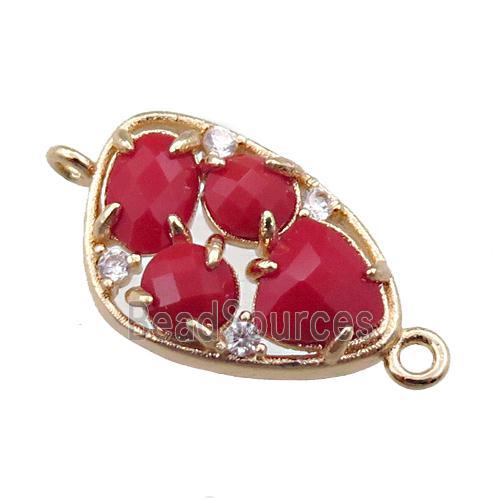 copper teardrop connector paved zircon with red crystal glass, hollow, gold plated