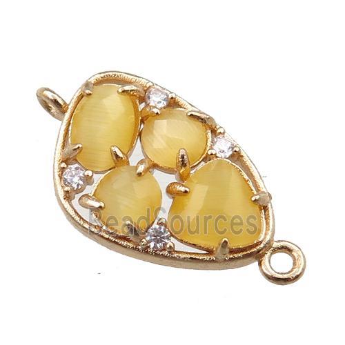 copper teardrop connector paved zircon with yellow crystal glass, hollow, gold plated