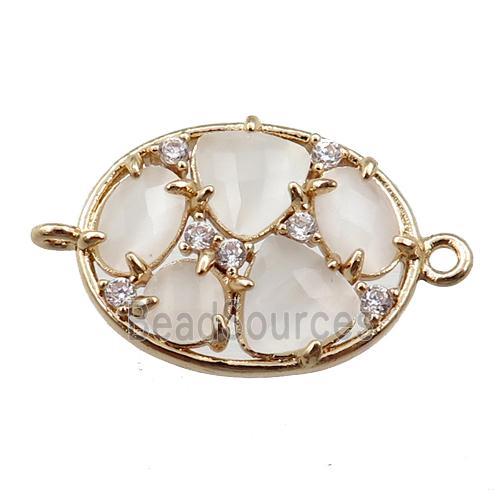 copper oval connector paved zircon with white crystal glass, hollow, gold plated