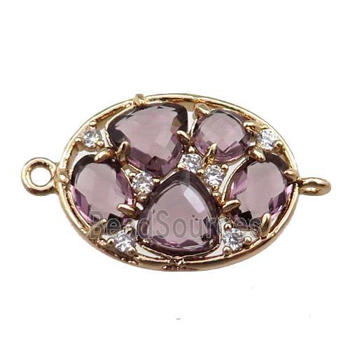 copper oval connector paved zircon with purple crystal glass, hollow, gold plated