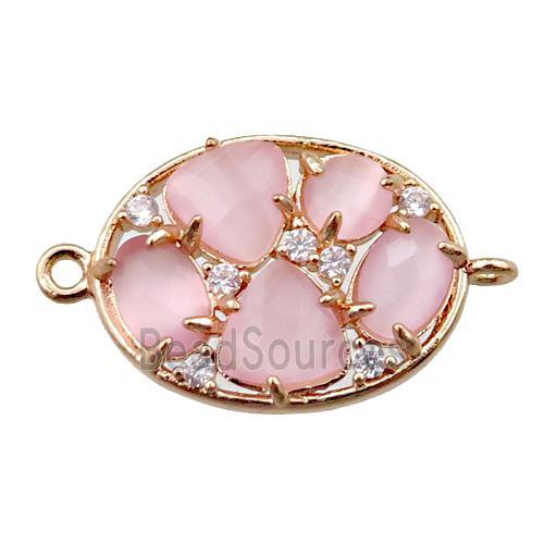 copper oval connector paved zircon with pink crystal glass, hollow, gold plated