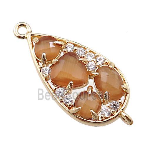 copper teardrop connector paved zircon with peach crystal glass, hollow, gold plated