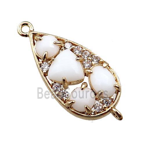 copper teardrop connector paved zircon with white crystal glass, hollow, gold plated