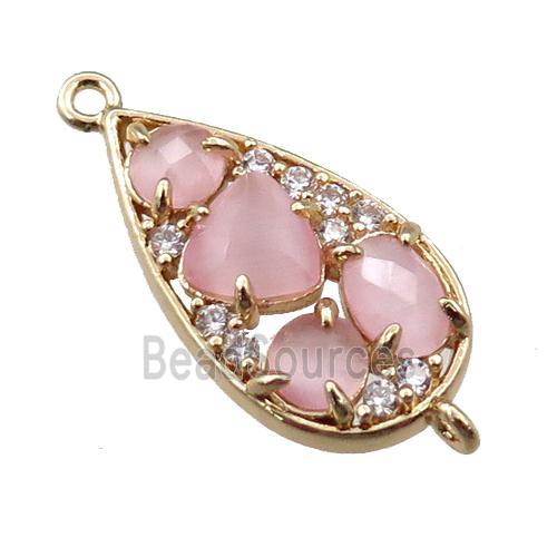 copper teardrop connector paved zircon with pink crystal glass, hollow, gold plated