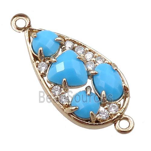 copper teardrop connector paved zircon with blue crystal glass, hollow, gold plated