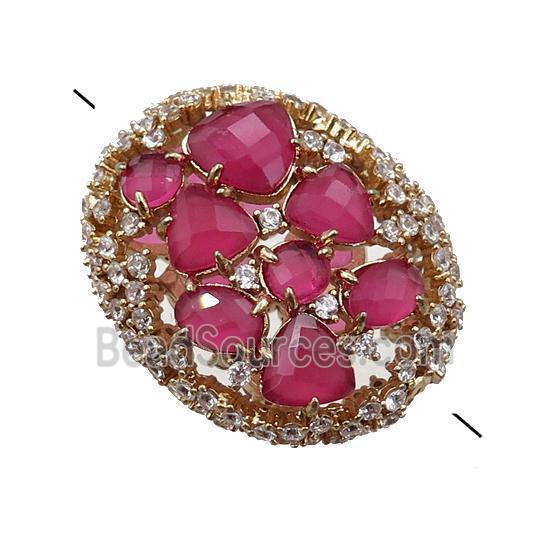 copper oval beads paved zircon with pink crystal glass, hollow, gold plated