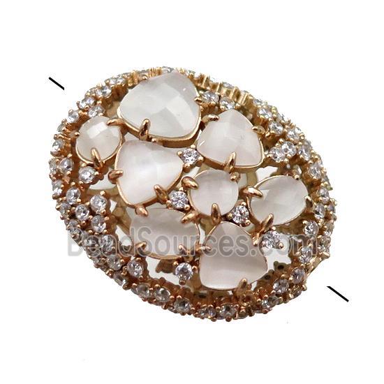 copper oval beads paved zircon with white crystal glass, hollow, gold plated